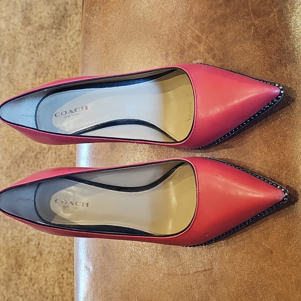 Coach Coral-Red Pointed Toe Beaded Leather Pumps, 8. Beautiful!